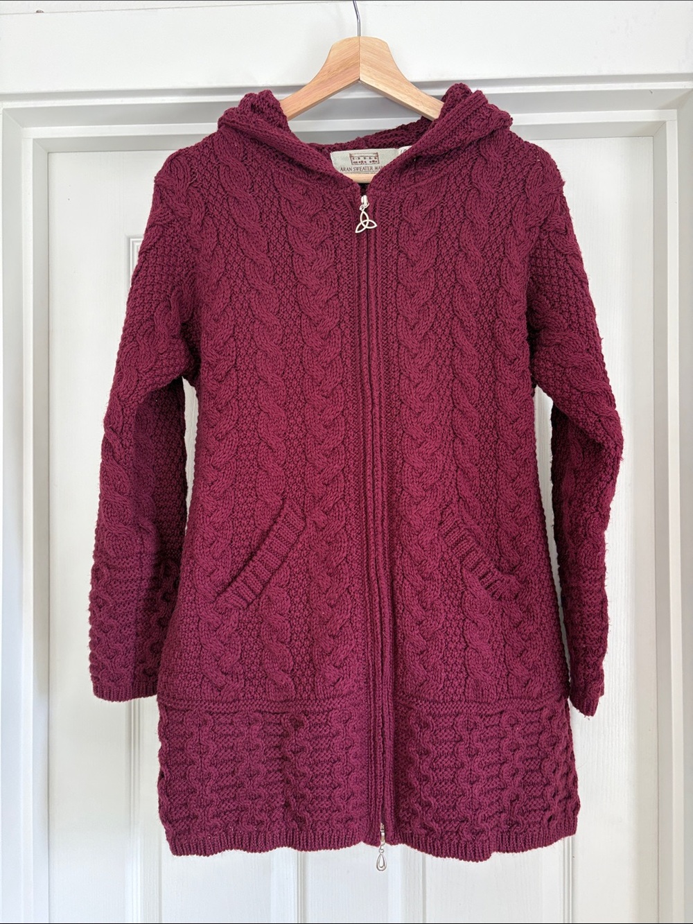 Burgundy Cable Knit Hooded Zip Cardigan